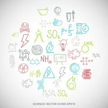 Multicolor doodles Hand Drawn Science Icons set on White. EPS10 vector Stock Illustration