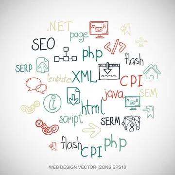 Multicolor doodles Hand Drawn Site Development Icons set on White. EPS10 vector Illustrazione stock