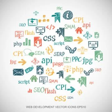Multicolor doodles Hand Drawn Site Development Icons set on White. EPS10 vector Stock Illustration