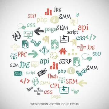 Multicolor doodles Hand Drawn Site Development Icons set on White. EPS10 vector Stock Illustration