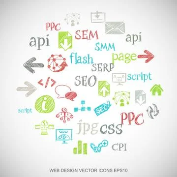 Multicolor doodles Hand Drawn Site Development Icons set on White. EPS10 vector 스톡 일러스트