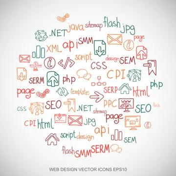 Multicolor doodles Hand Drawn Site Development Icons set on White. EPS10 vector Illustrazione stock