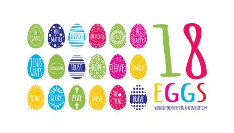 Multicolor easter eggs collection with geometry pattern and different inscrip Stock Illustration