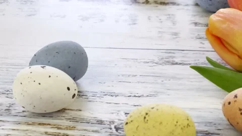 Multicolor Easter eggs rolling on white wooden table with tulips.  Stock Footage 150380492