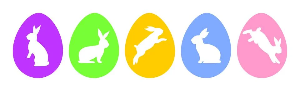 Multicolor Easter eggs with white rabbits on them Stock Illustration