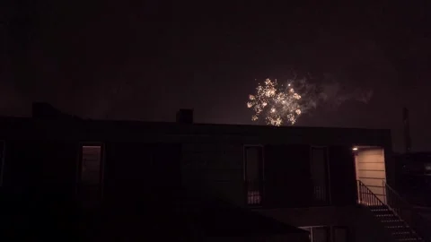 Multicolor Explosions Fireworks Behind Buildings At Night. Static Shot Stock Footage 263812562