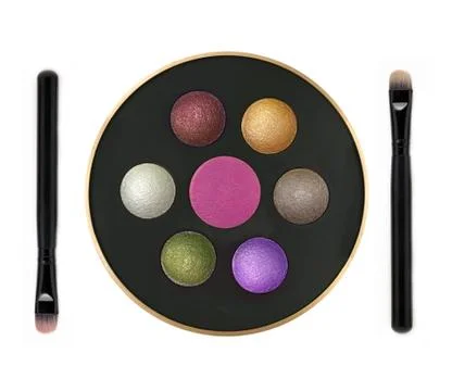 Multicolor eyeshadows in round box and brushes isolated on white Stock Photos