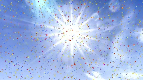 Multicolor falling confetti loop - blue sky background - sun star, lens flares Stock Footage 141533470
