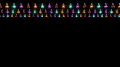 Multicolor Festival String Lights Border on Black Background Stock Footage 342629031
