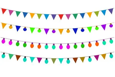 Multicolor festive bunting flags and hanging light bulb strings for party d.. Stock Illustration