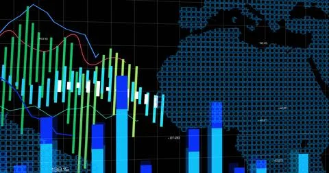 Multicolor financial charts displaying on screen, with candlestick bars, bar Illustrazione stock