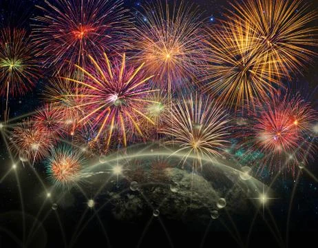Multicolor Firework Celebration over the Part of earth with network line and  Stock Photos