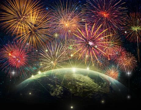 Multicolor Firework Celebration over the Part of earth with network line and  Foto stock