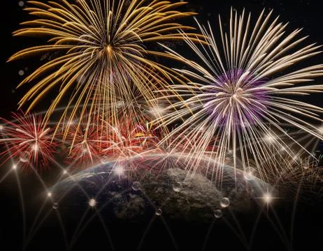 Multicolor Firework Celebration over the Part of earth with network line and  Foto stock