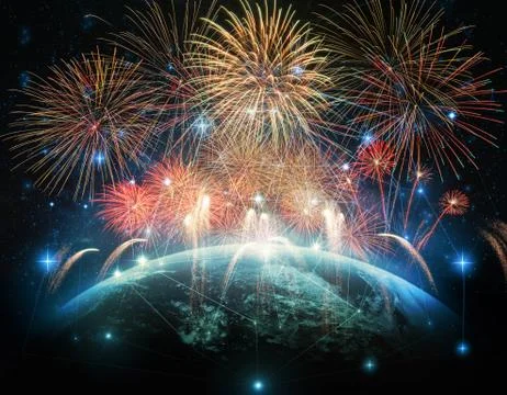 Multicolor Firework Celebration over the Part of earth with network line and  Stock Photos