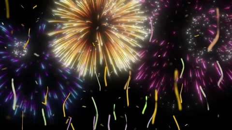 Multicolor fireworks display exploding against a deep black night sky background Stock Footage 338389502
