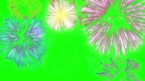 Multicolor fireworks displays exploding against vibrant green screen background Stock Footage 343805045