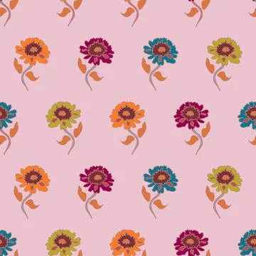 Multicolor flowers arranged in regular rows vector seamless repeat pattern on Stock Illustration