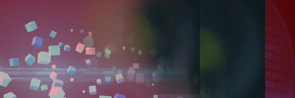 Multicolor geometric shapes and computer code against gradient background, Stock Illustration