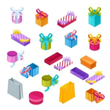 Multicolor gift boxes, vector 3d style isometric icons. Open and close holida Stock Illustration