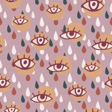 Multicolor hand drawn seamless pattern with eyes and drops. Light purple back Stock Illustration