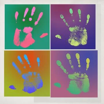 Multicolor hand prints creative collage Stock Photos