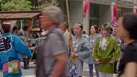 Multicolor Happi Coat Groups Walk Together Past Red Lantern Stock Footage 341570350