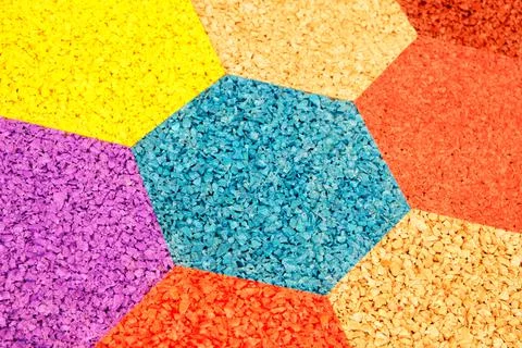 Multicolor hexagons abstract pattern, rubber crumb texture background, floori Stock Photos