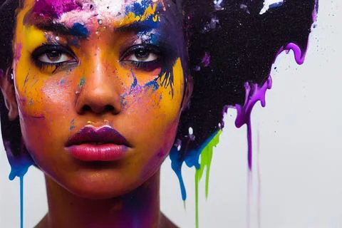 Multicolor illustration of black woman's face with gooey paint splashes in blue Stock Illustration