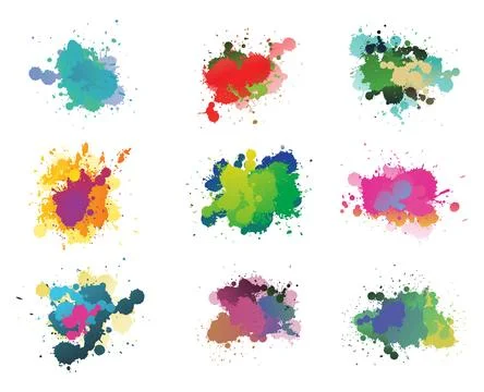 Multicolor ink splatter set 0f nine as graphical design element Stock Illustration