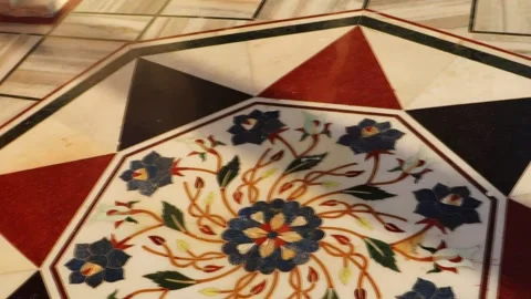 Multicolor marble stone flower, circle design in temple, church, video. 4K. Stock Footage 278382478