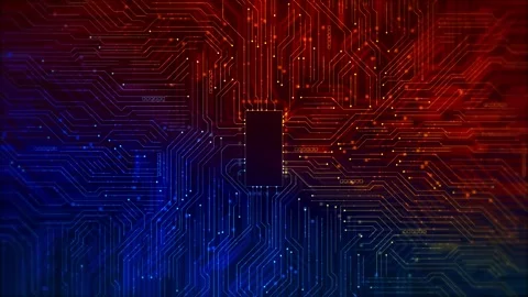 Multicolor microchip circuit technology visual with central processor, bright Stock Footage 340527613