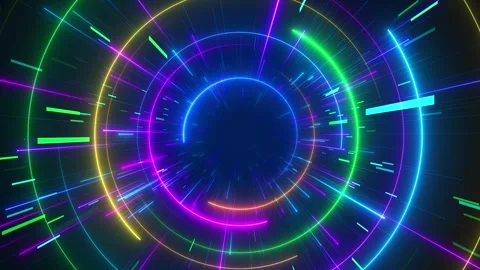 Multicolor neon circle tunnel bright rings, fast light streaks, vivid digital en Stock Footage 340468671