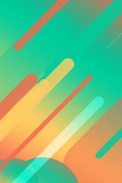 Multicolor neon diagonal bars and glowing circles blend across a green-to-y.. Stock Illustration