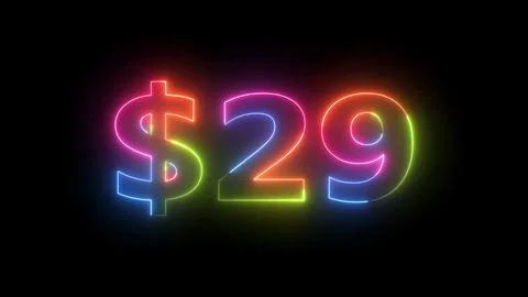 Multicolor Neon Light Display of Dollar Sign and Number 29 on Dark Background Stock Illustration