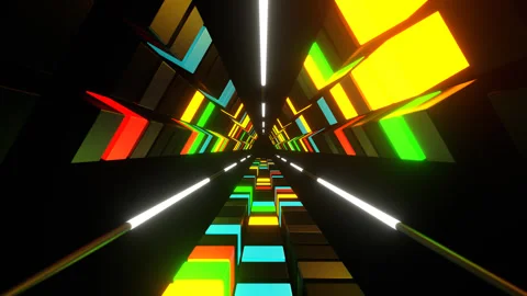 Multicolor Neons in Triangular Tunnel of Squares Background VJ Loop in 4K Stock Footage 343269929