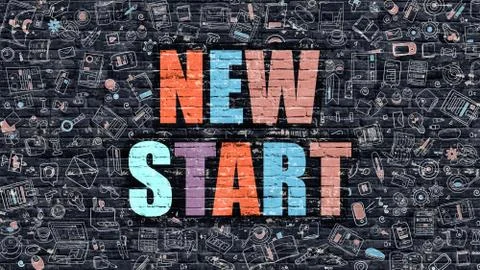 Multicolor New Start on Dark Brickwall. Doodle Style Stock Illustration
