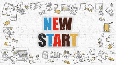 Multicolor New Start on White Brickwall. Doodle Style Stock Illustration