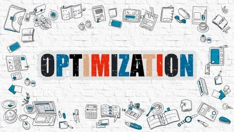 Multicolor Optimization on White Brickwall. Doodle Style Illustrazione stock