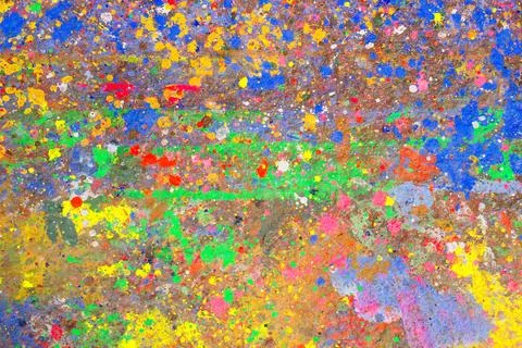 Multicolor Paint Drips and Splatters Layered on Worn Artist Studio Floor Stock-Fotos