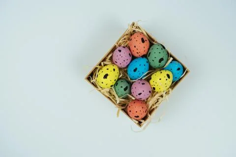 Multicolor painted Easter quail eggs in little box on white background. Copy Stock Photos