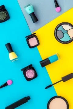 Multicolor pattern of makeup products and colorfull cosmetics. Flat lay top view Stock Photos