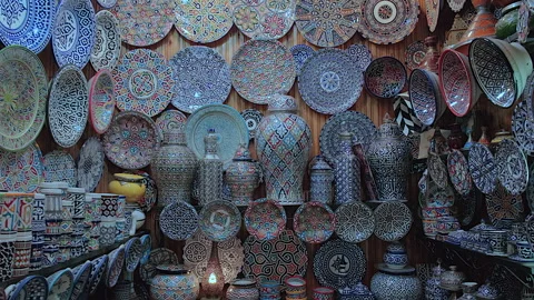 Multicolor patterns Moroccan earthenware ceramic plates, Fes, Morocco Video stock 305405341