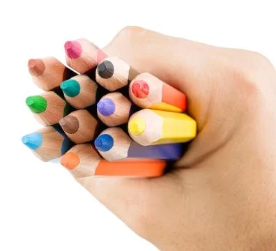 Multicolor pencils in hand Stock Photos