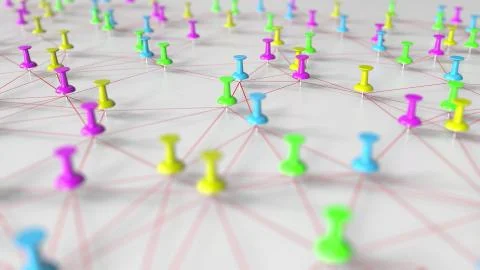 Multicolor pins and thread network model on a pinboard, close-up 3D rendering Stock Illustration