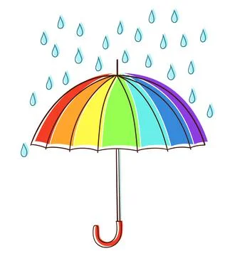 Multicolor rainbow umbrella with rain drop. Hand drawing cartoon cute autumn art Stock Illustration