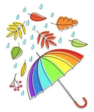 Multicolor rainbow umbrella with rain drop and falling leaves Stock Illustration