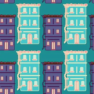 Multicolor real estate seamless pattern on blue backdrop stock vector illustr Ilustración de archivo