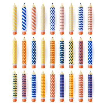 Multicolor realistic pencils with geometric patterns, isolated on white backg Illustrazione stock