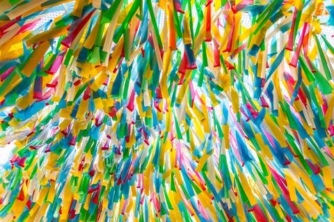 Multicolor ribbons decorating the streets of Aveiro, Portugal 스톡 사진